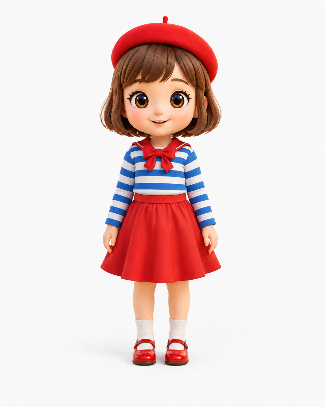 赤いベレー帽とスカートを着た全身のパリちゃん